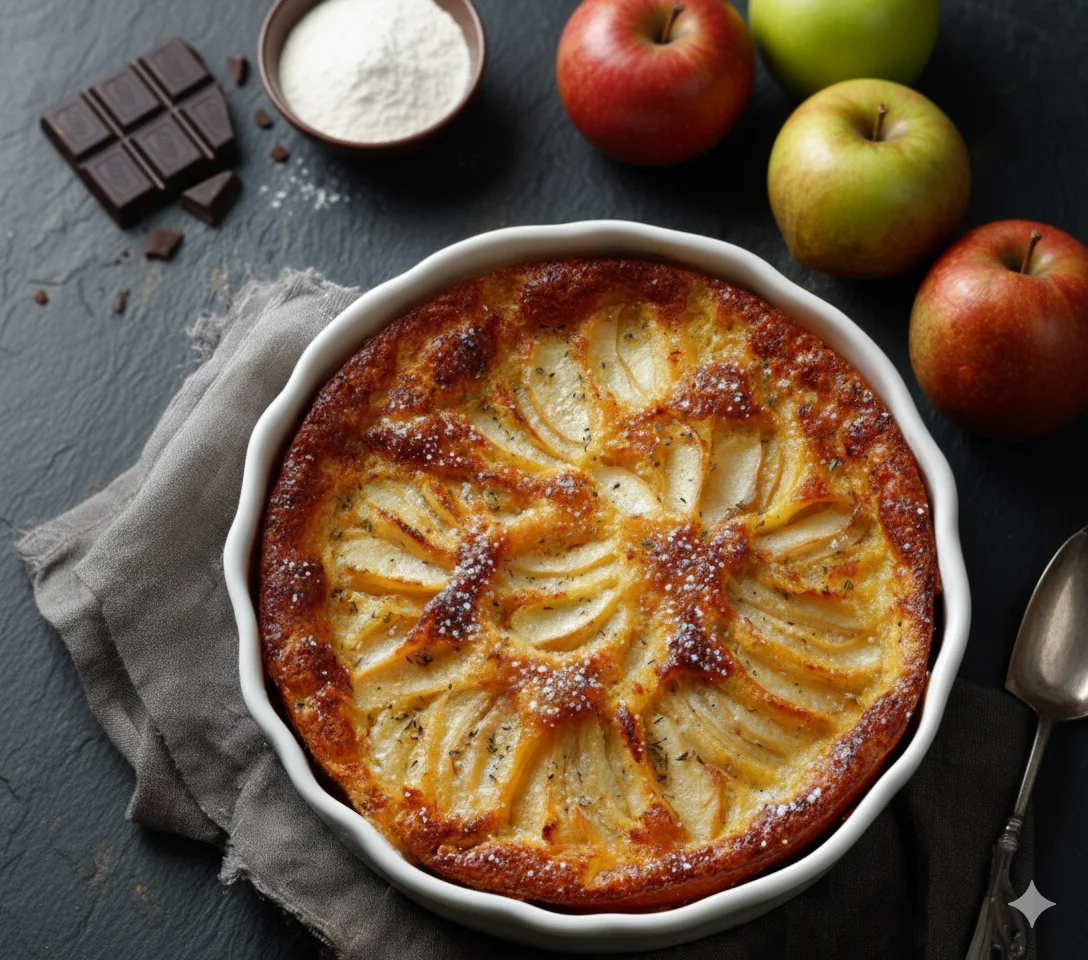 Ingrédients pour Clafoutis Léger aux Pommes : dés de pommes, yaourt nature, lait, œufs, farine et cannelle.