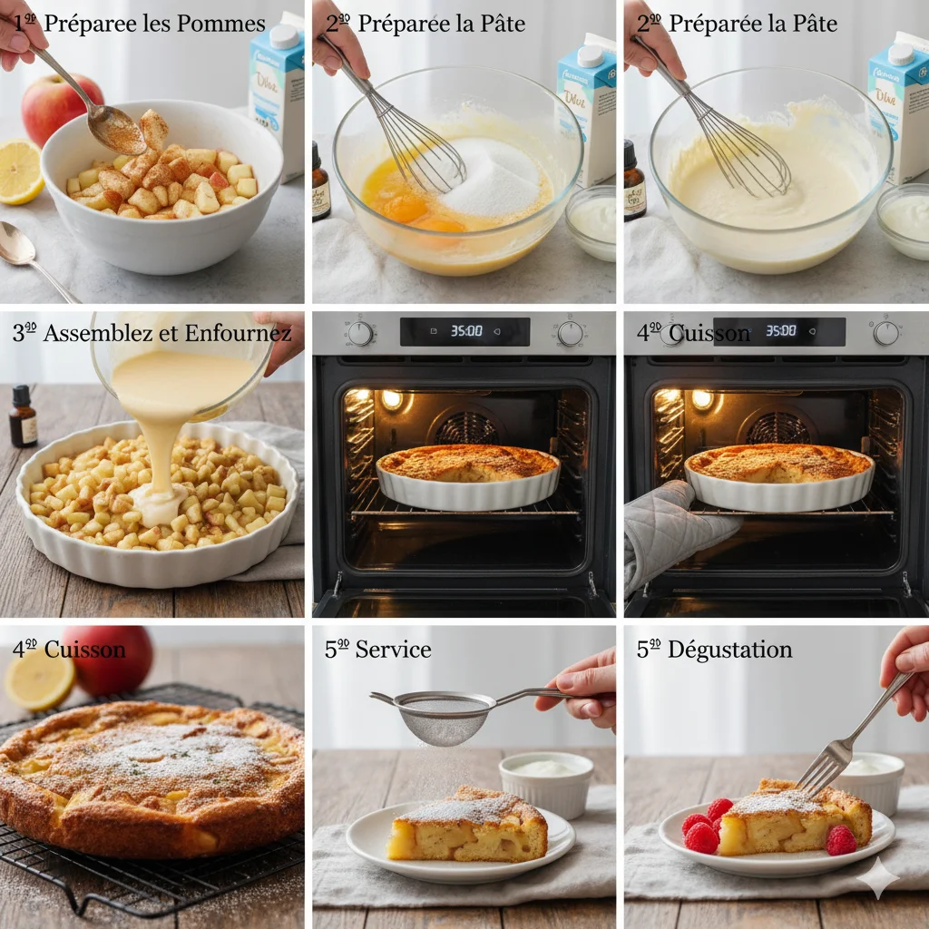 Part de Clafoutis Léger aux Pommes servie tiède, avec une cuillère, montrant la texture crémeuse.