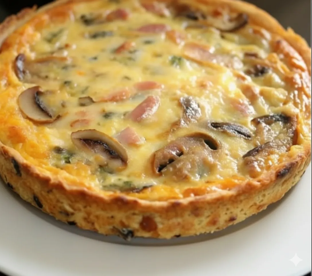 Quiche Sans Pâte au Thon et Champignons dorée et ferme, juste sortie du four.