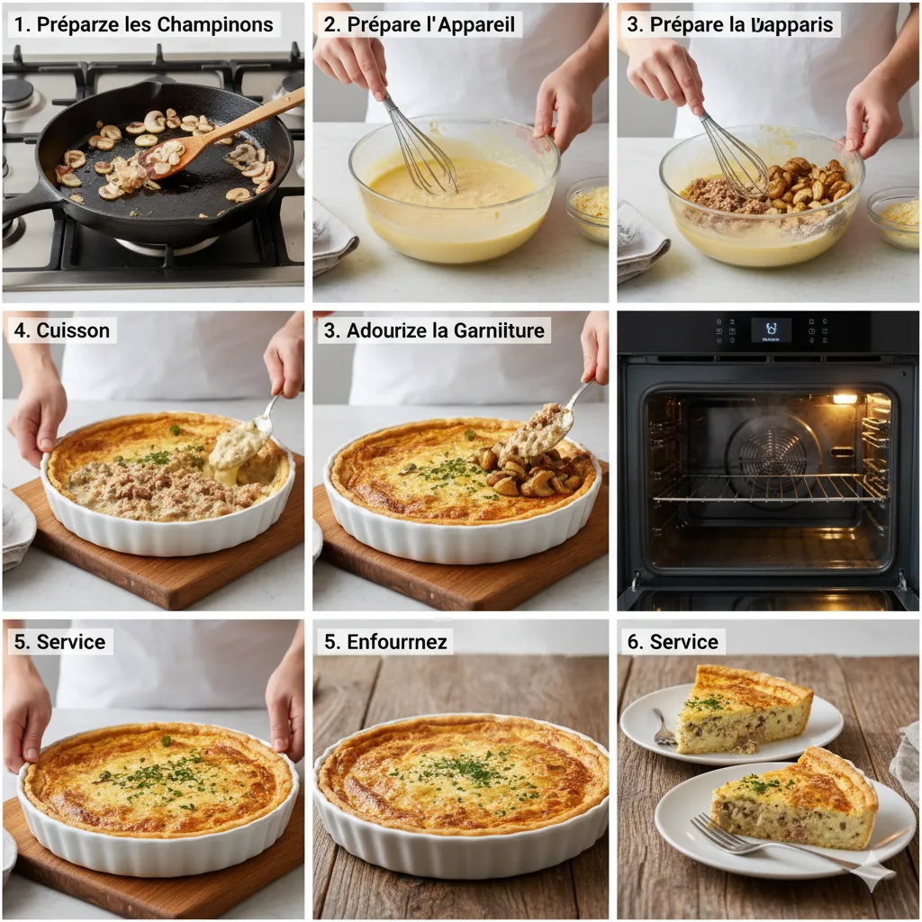 Appareil à Quiche Sans Pâte au Thon et Champignons versé dans le moule, saupoudré de fromage râpé, prêt à cuire.