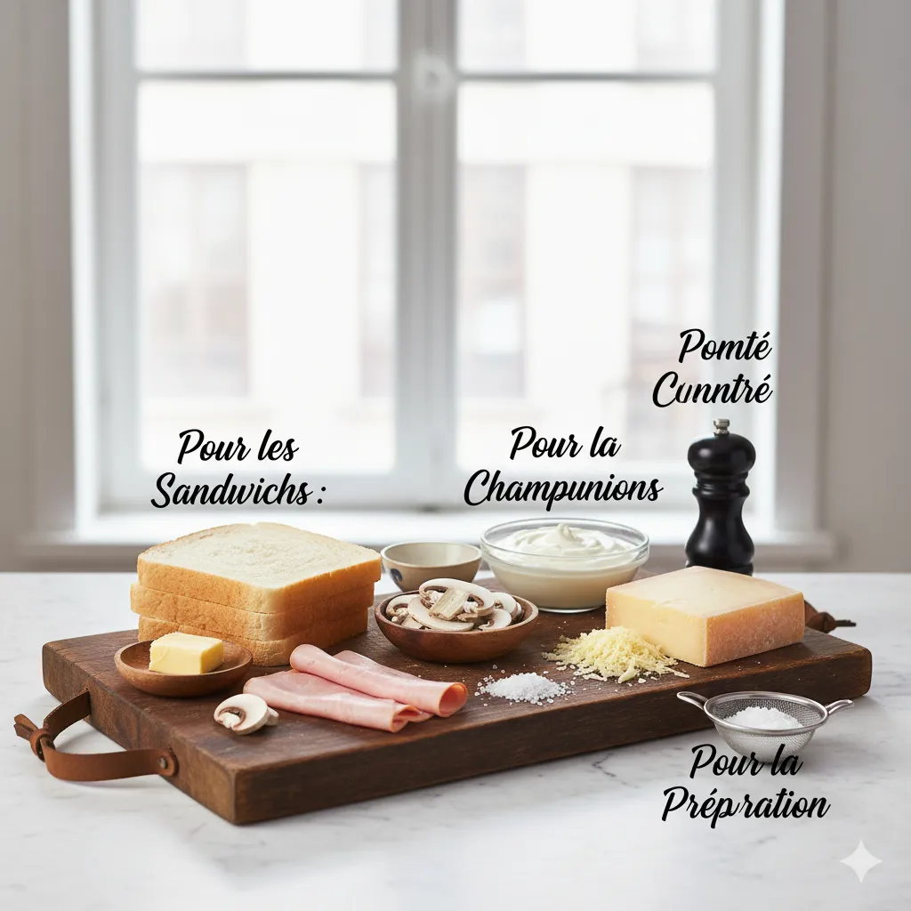 Croque-Monsieur Gourmand aux Champignons tout juste sorti du four, avec une croûte dorée et bouillonnante.