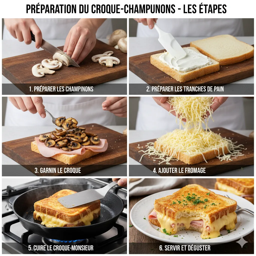 Croque-Monsieur aux Champignons monté, nappé de sauce Béchamel muscadée et saupoudré de fromage râpé, prêt à gratiner.