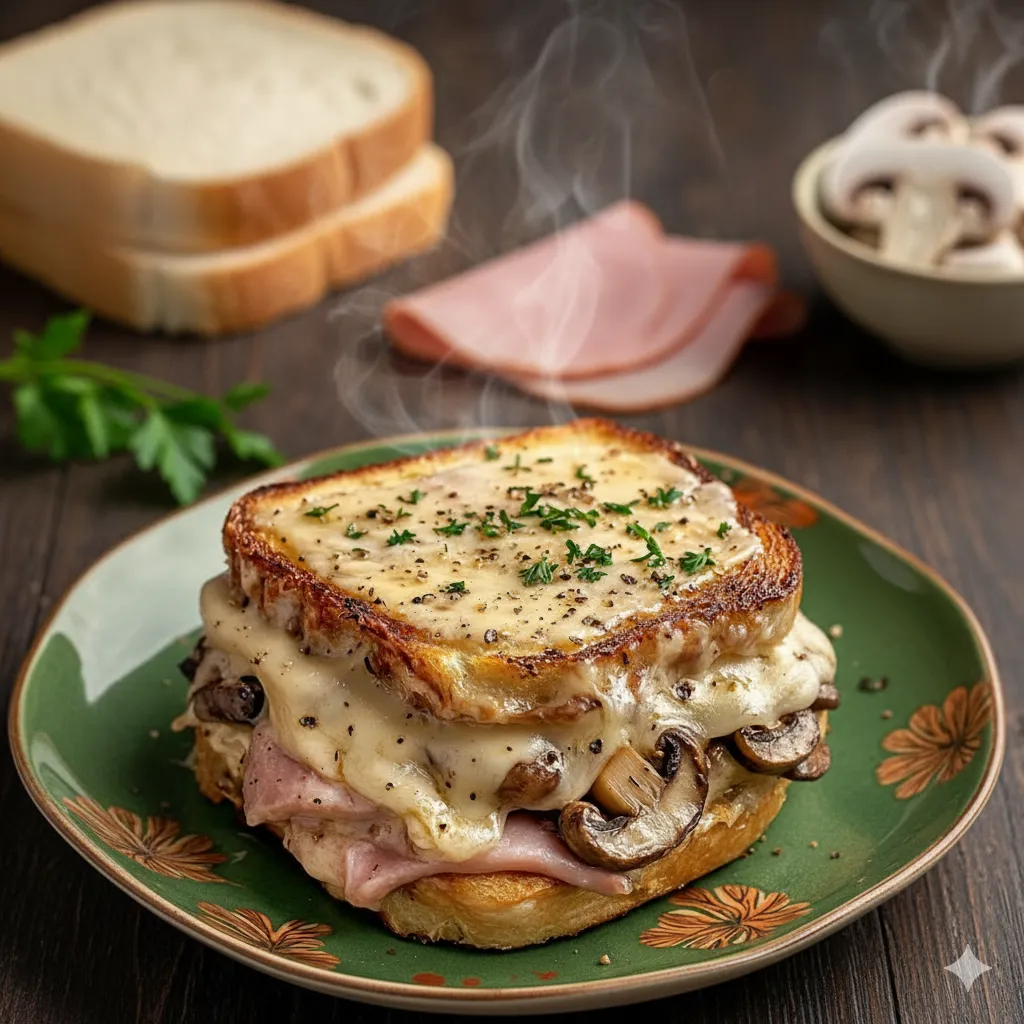 Ingrédients pour Croque-Monsieur Gourmand aux Champignons : pain de mie, jambon, champignons hachés, et ingrédients pour la béchamel.