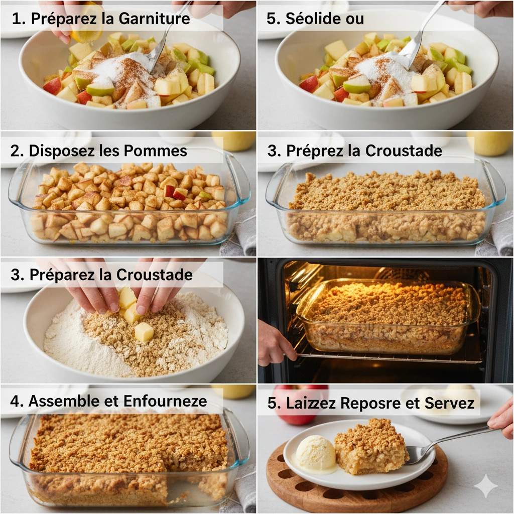 Ingrédients pour la Croustade aux Pommes : pommes fraîches, farine, avoine, beurre froid et pot de cannelle.