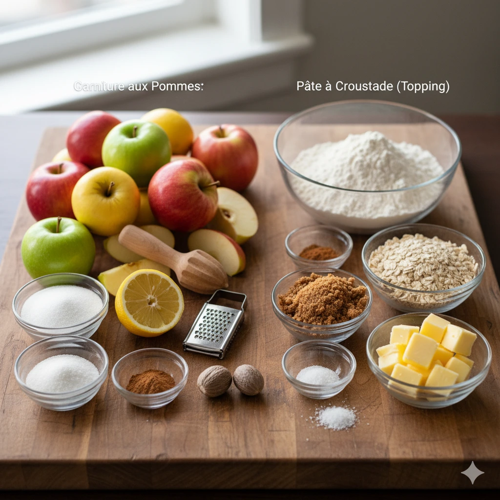 Portion de Croustade aux Pommes servie chaude dans un bol, avec une boule de glace à la vanille fondante.