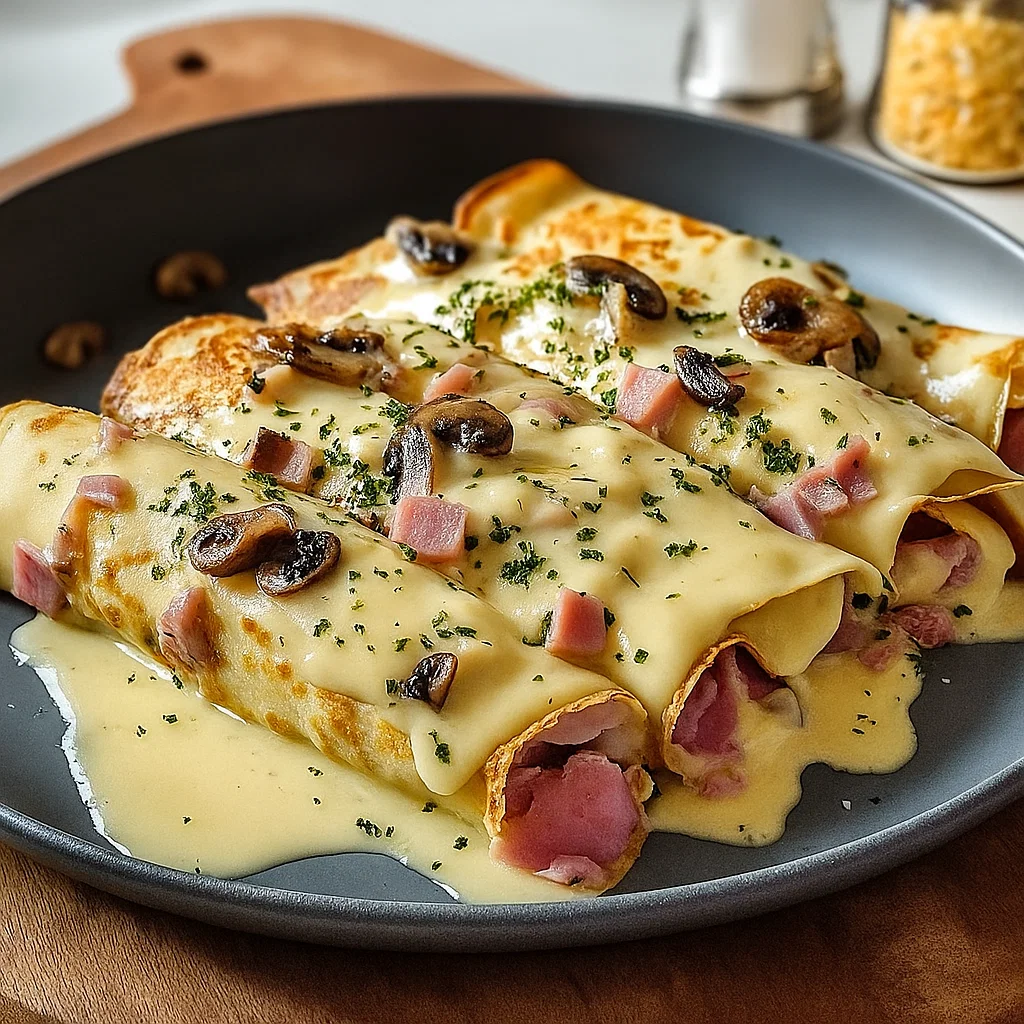 Ingrédients pour la Ficelle Picarde : crêpes empilées, jambon blanc, champignons de Paris, fromage râpé et beurre.