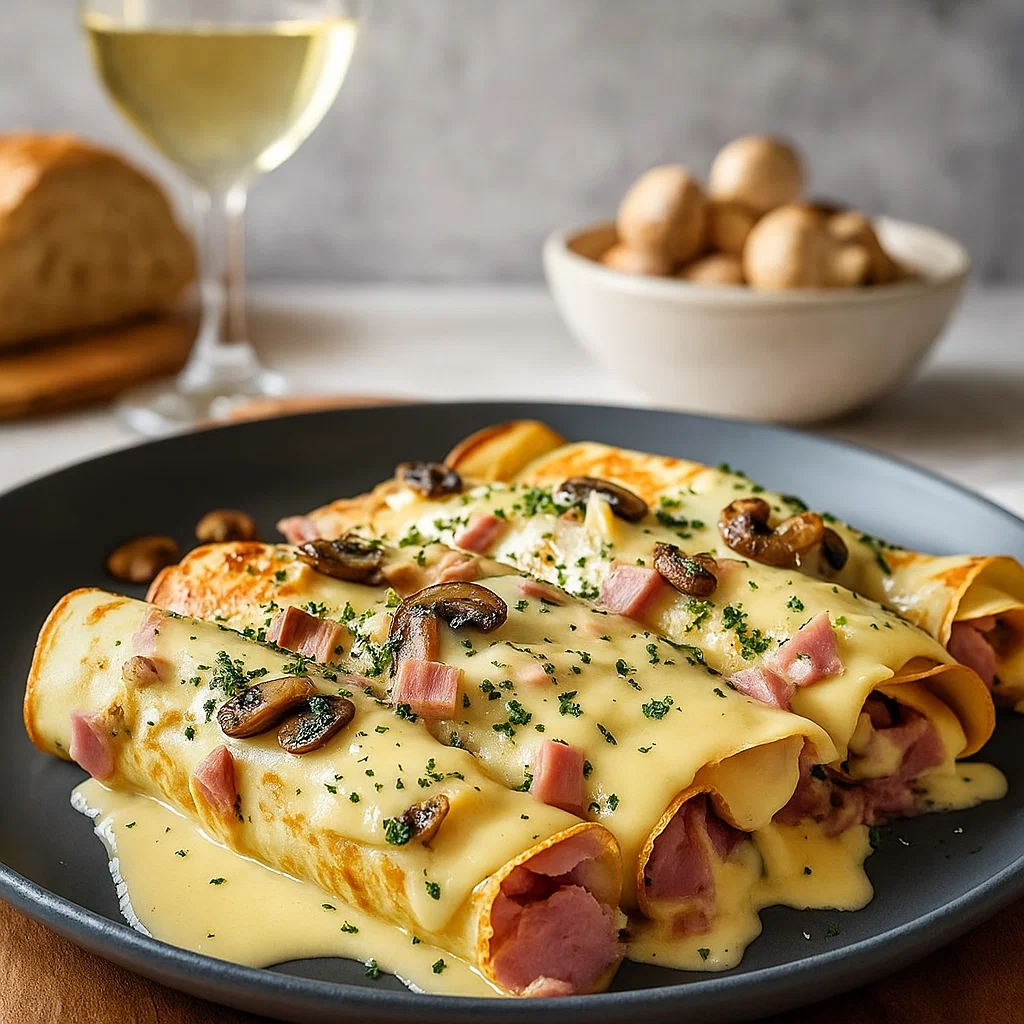 Crêpes fourrées et roulées (ficelles) dans un plat à gratin avant l'ajout de la sauce béchamel.