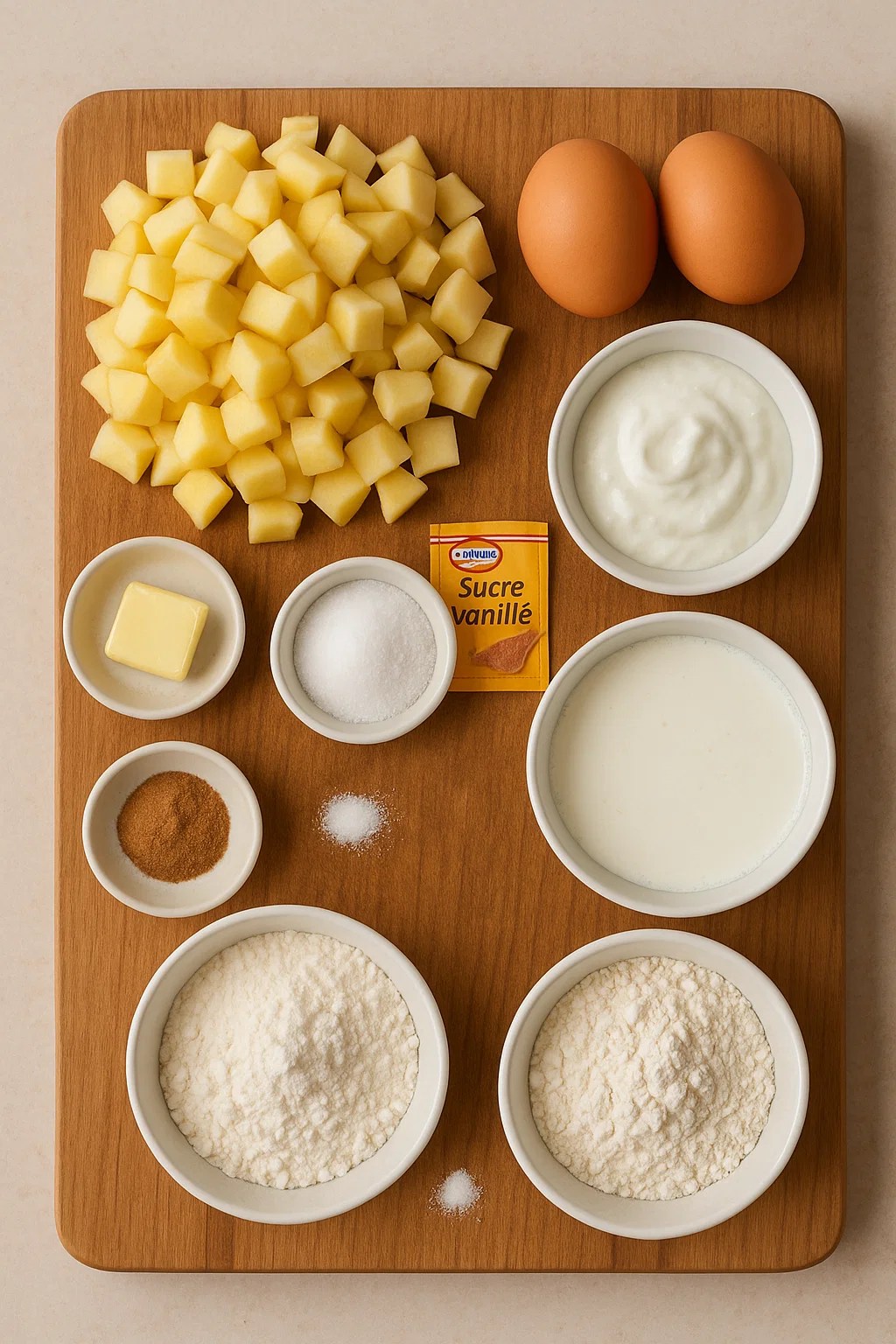Préparation du Flan aux Pommes et Yaourt dans un moule à manqué, avec les morceaux de pommes visibles, avant d'être enfournée.