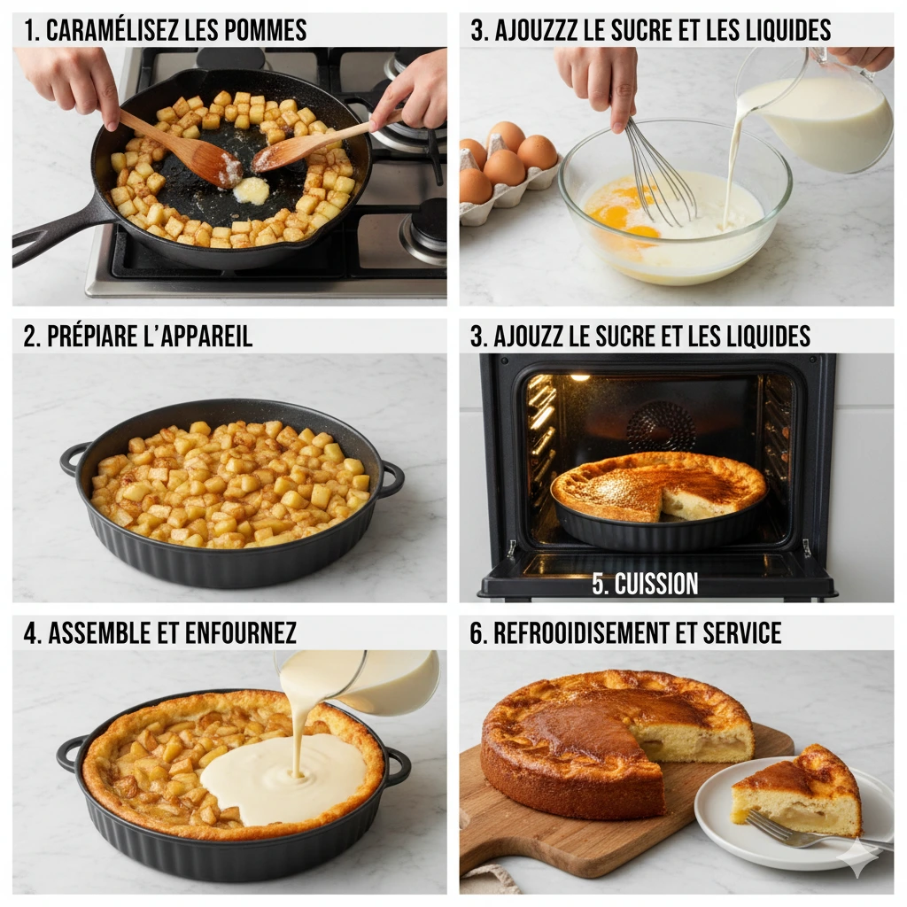 Part de Flan aux Pommes et Mascarpone crémeux sur une assiette, avec un filet de sauce caramel.