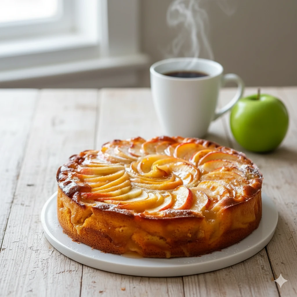 Ingrédients pour le Flan aux Pommes et Mascarpone : pot de mascarpone, œufs, lait, pommes coupées et cassonade.