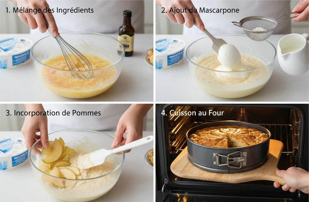 Part de Flan aux Pommes et Mascarpone ultra-crémeux sur une assiette blanche, accompagnée d'un filet de sauce caramel et de quelques feuilles de menthe.