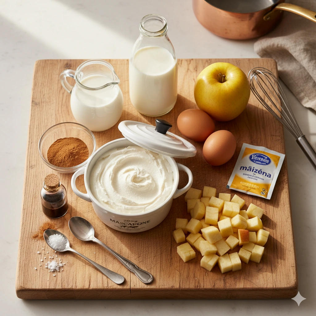 Flan aux Pommes et Mascarpone entier, parfaitement doré et juste sorti du four, présenté dans un moule à manqué rond.