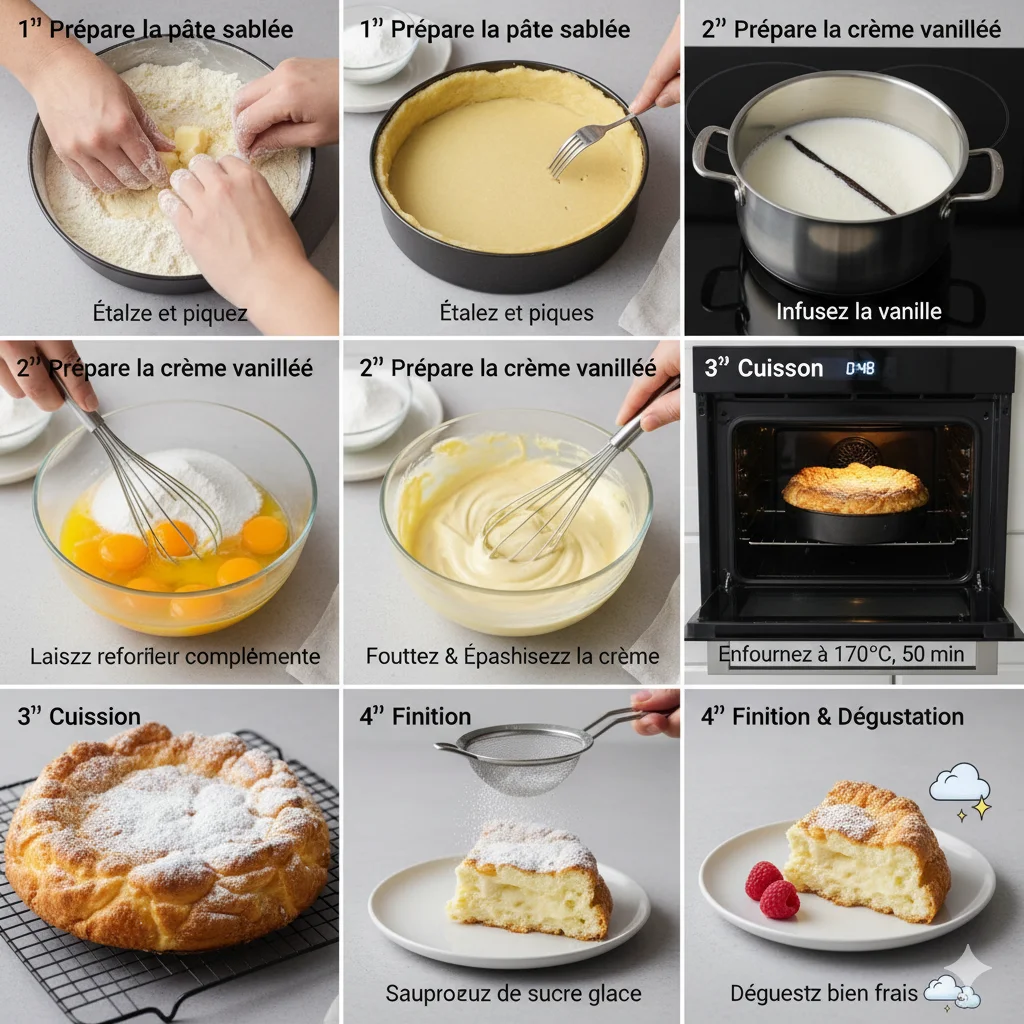 Gâteau Crémeux à la Vanille Tarte Nuage après cuisson, doré et tremblotant.