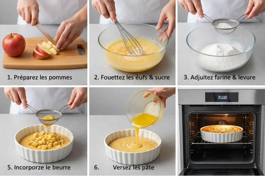 Gâteau Madeleine aux Pommes entier, doré et moelleux, sorti du four. Titre : Gâteau doré à la perfection