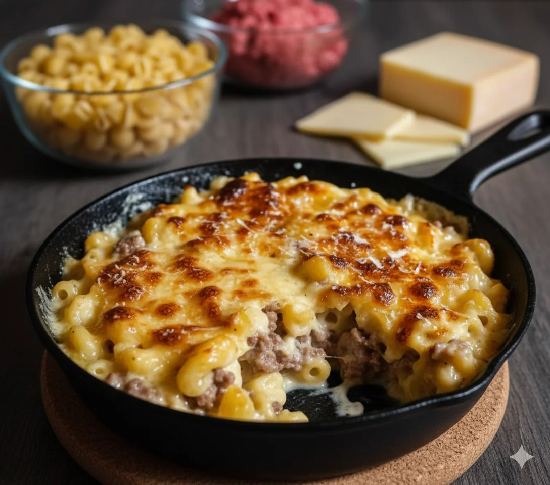 Gratin de Coquillettes à la Raclette et Viande Hachée dans le plat, avec les tranches de Raclette disposées sur le dessus, prêt à gratiner.