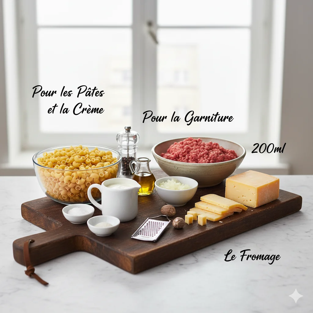 Gratin de Coquillettes à la Raclette et Viande Hachée tout juste sorti du four, bouillonnant et doré.