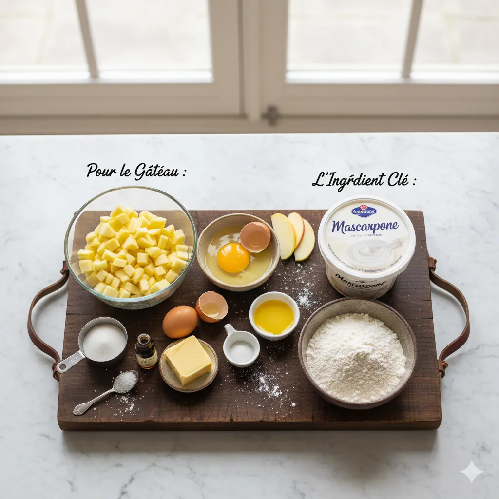 Part de Gâteau aux Pommes et Mascarpone très moelleux, servi avec un filet de caramel au beurre salé.