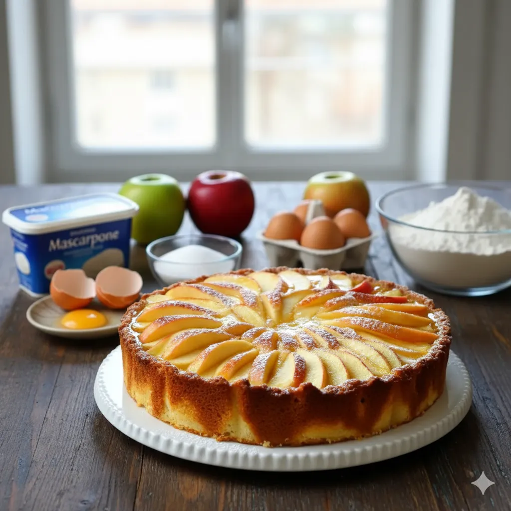 Gâteau aux Pommes et Mascarpone cuit et doré, montrant les morceaux de pommes en surface.