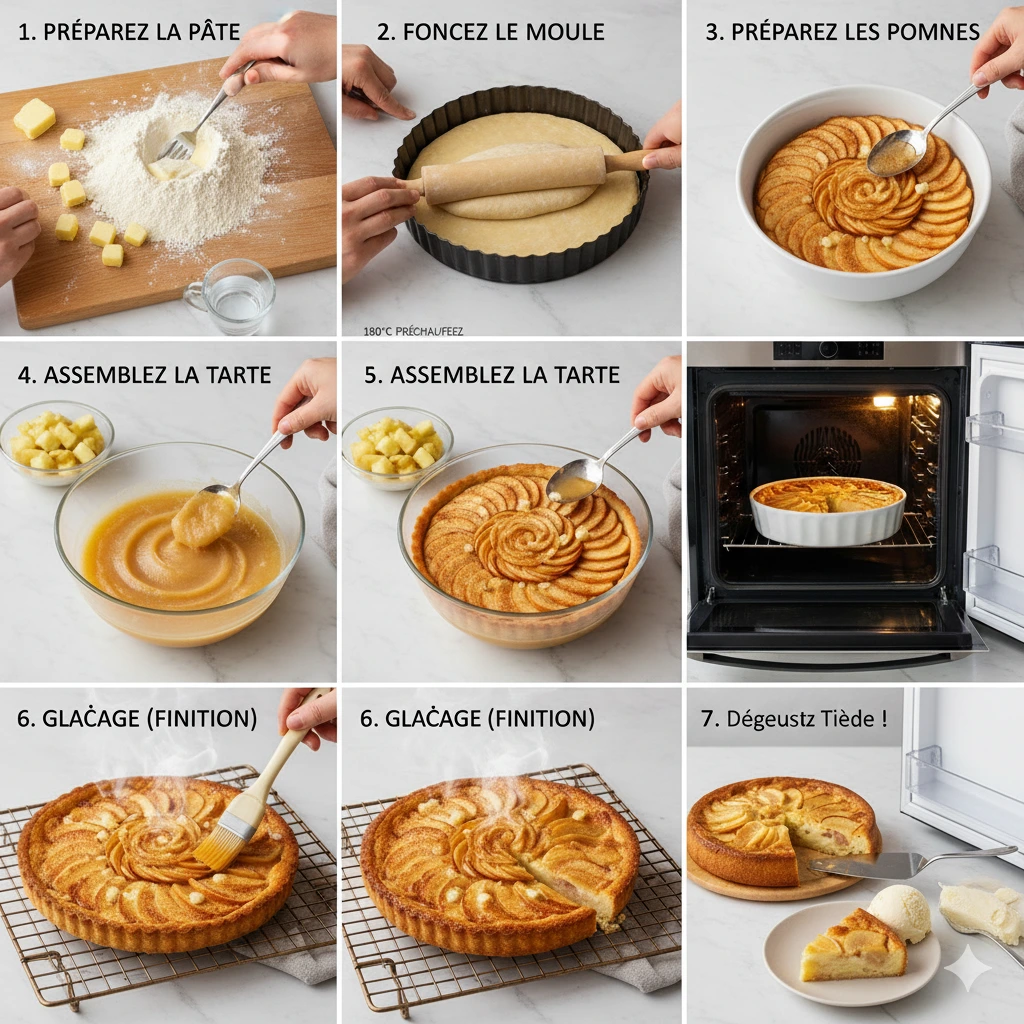 Tarte aux Pommes chaude après cuisson, nappée de confiture d'abricot brillante.