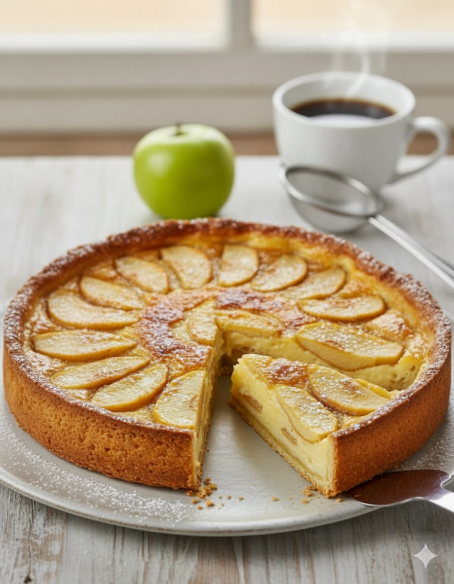 Tranches de pommes disposées en rosace sur une couche de compote de pommes sur la pâte crue.