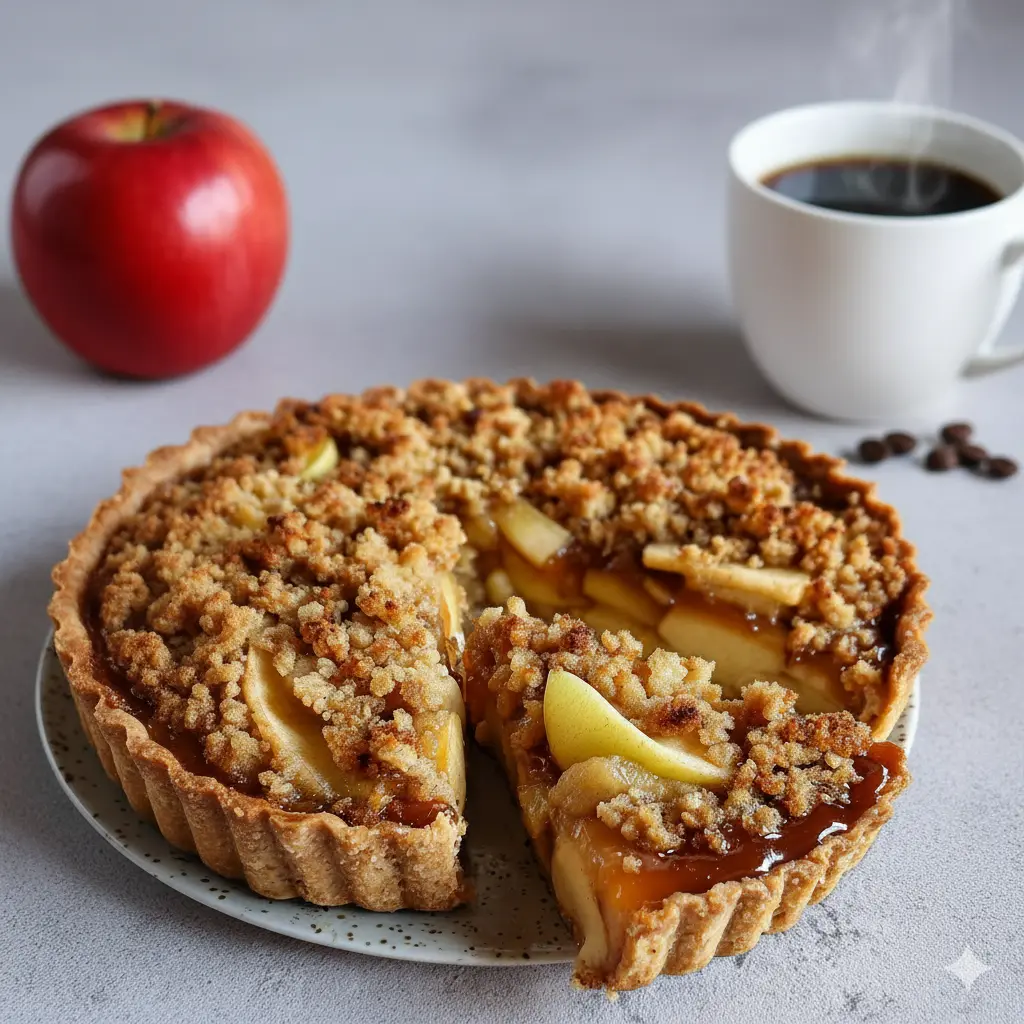 Tarte aux Pommes Crumble 1 Tarte aux pommes avec garniture et topping crumble émietté, prête à être enfournée.