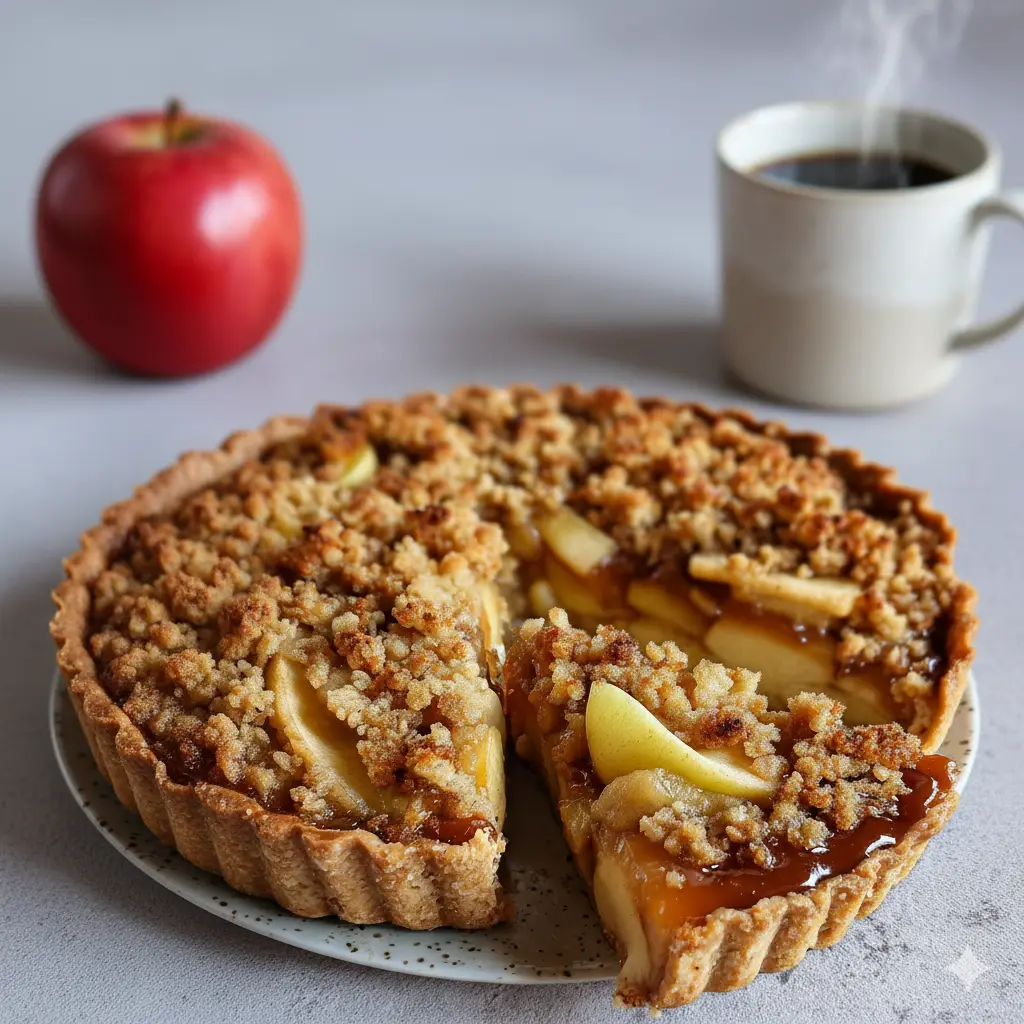 Ingrédients pour la Tarte aux Pommes Crumble : pâte brisée, pommes, flocons d'avoine, cassonade, beurre.