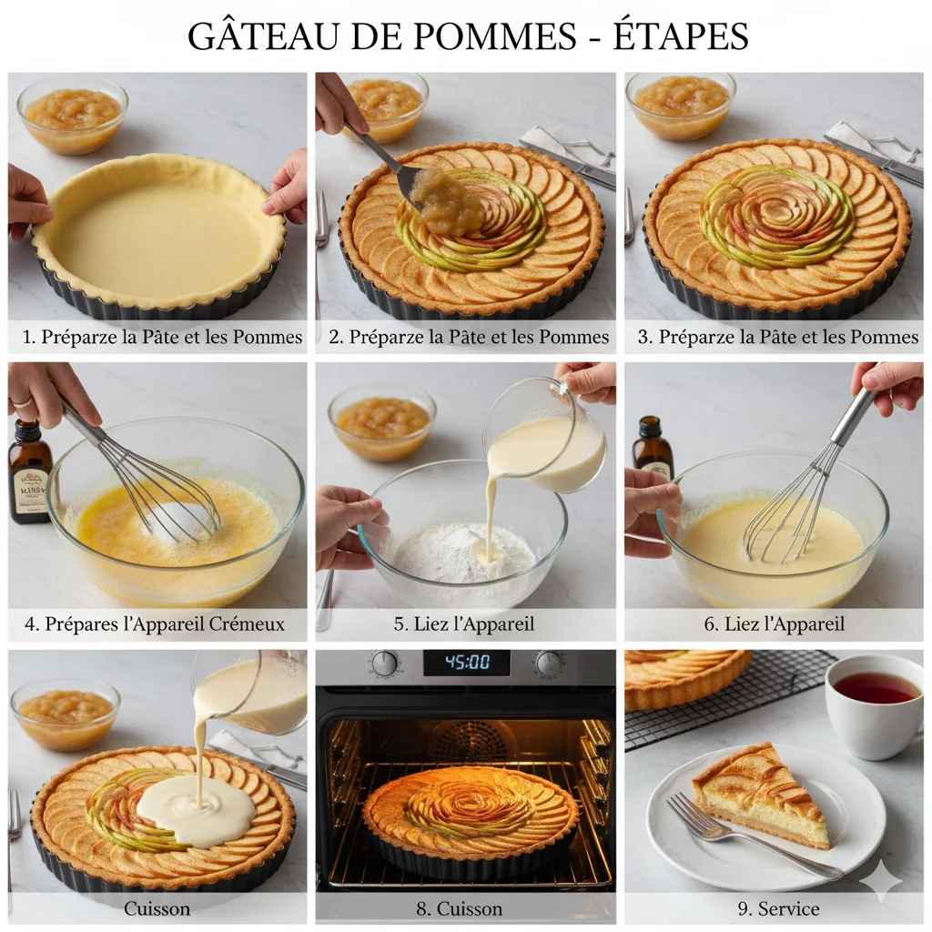 Tarte aux Pommes Ultra Crémeuse entière, dorée et avec un centre figé.