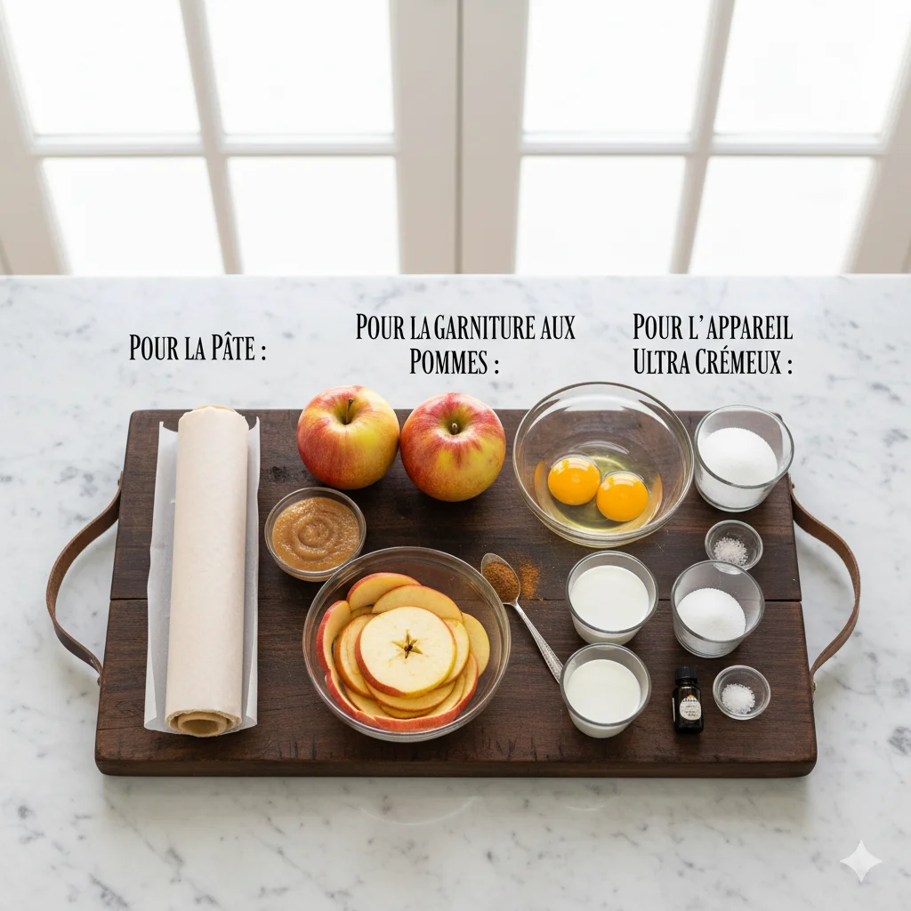 Part de Tarte aux Pommes Ultra Crémeuse coupée, révélant la garniture crémeuse et les pommes fondantes.