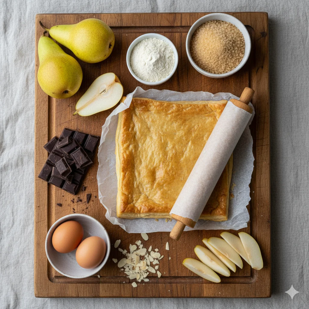 Tarte aux Poires Chocolat et Crème Amandes entière, avec un dessus doré et des poires disposées en rosace.