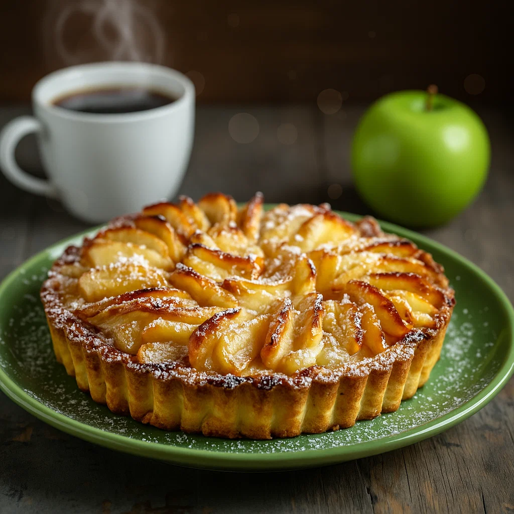Tranches de pommes finement coupées et disposées en rosace sur une couche de compote de pommes sur la pâte crue, sans sucre.