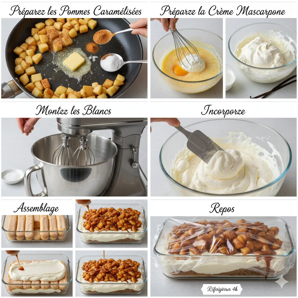 Tiramisu Pomme Caramel Beurre Salé entier, sorti du réfrigérateur, avec un topping généreux de caramel.