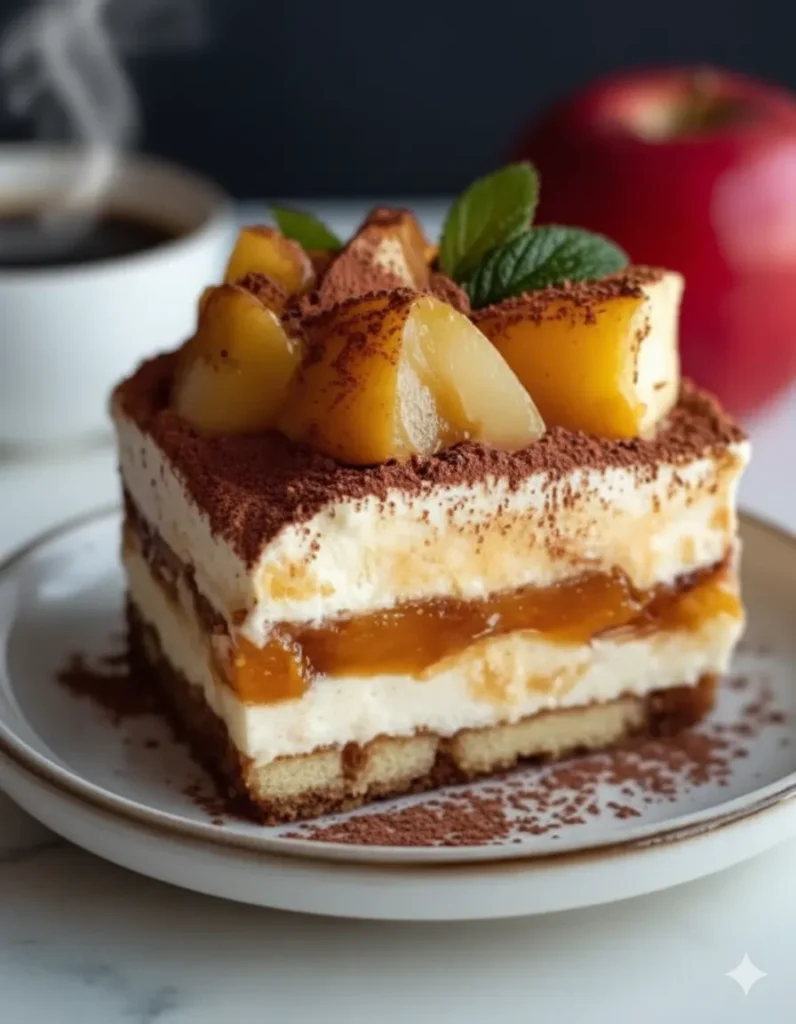 Montage du Tiramisu Pomme Caramel Beurre Salé en couches dans un plat transparent : biscuits, crème mascarpone, pommes caramélisées et caramel.