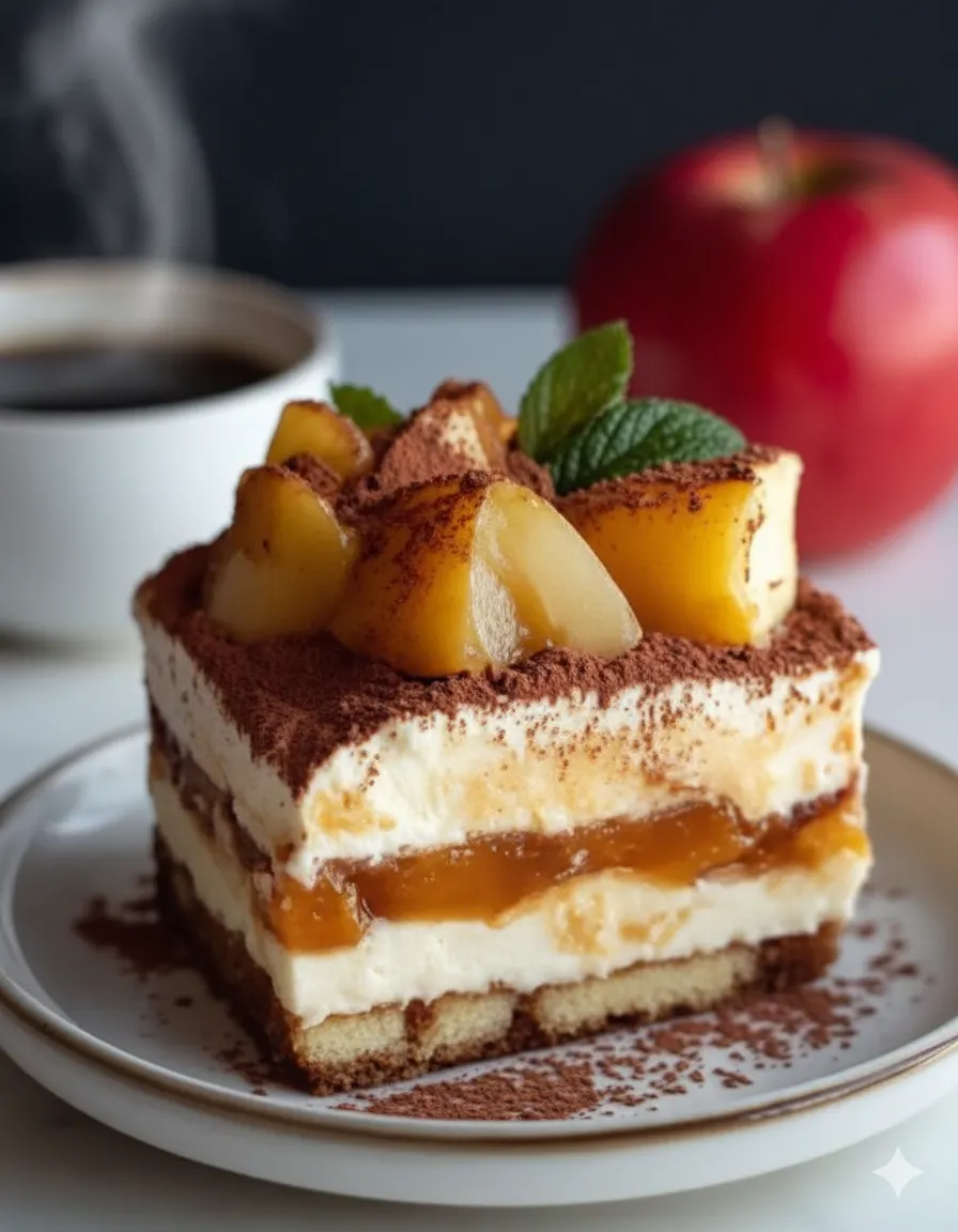 Ingrédients pour Tiramisu Pomme Caramel Beurre Salé : mascarpone, œufs, biscuits à la cuillère, dés de pommes, sauce caramel au beurre salé.