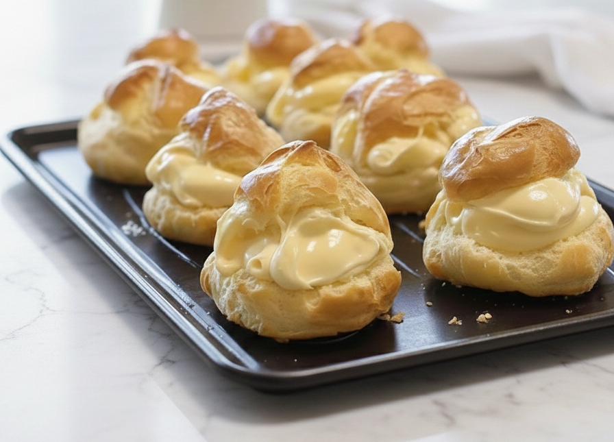 Choux à la crème pâtissière maison garnis de crème vanillée Pâte à choux pochée sur plaque avant cuisson