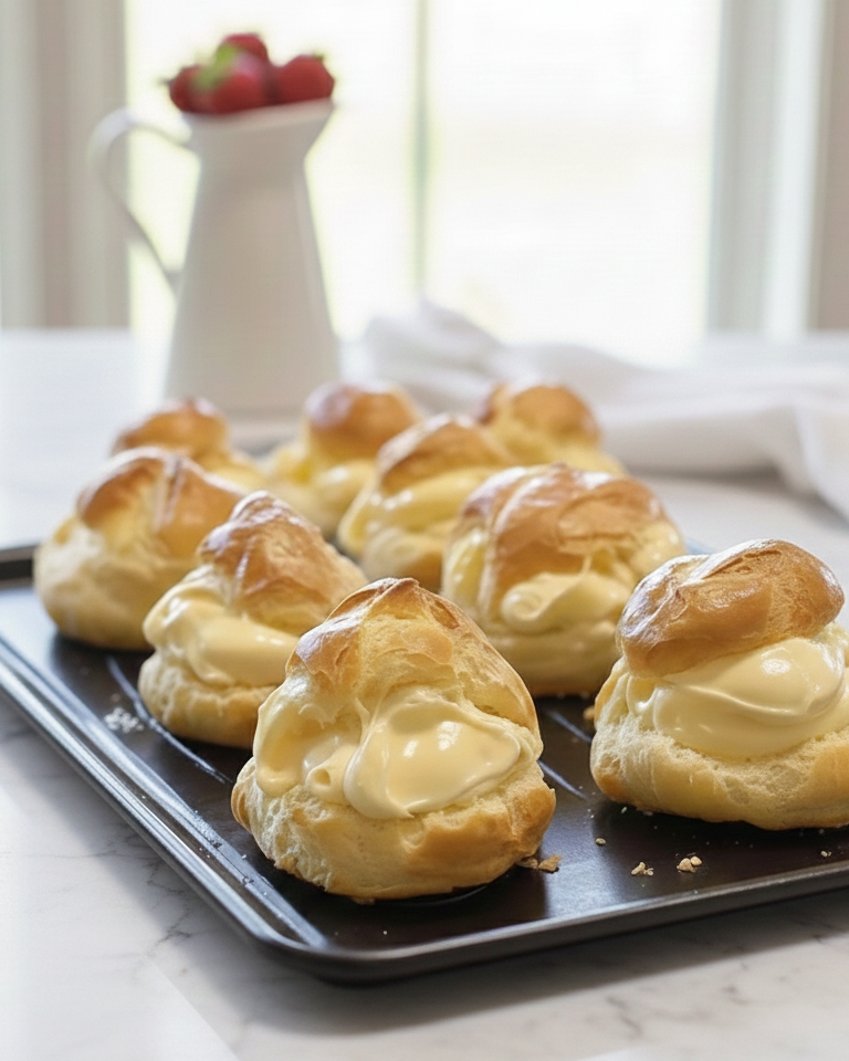 Choux à la crème pâtissière maison garnis de crème vanillée
