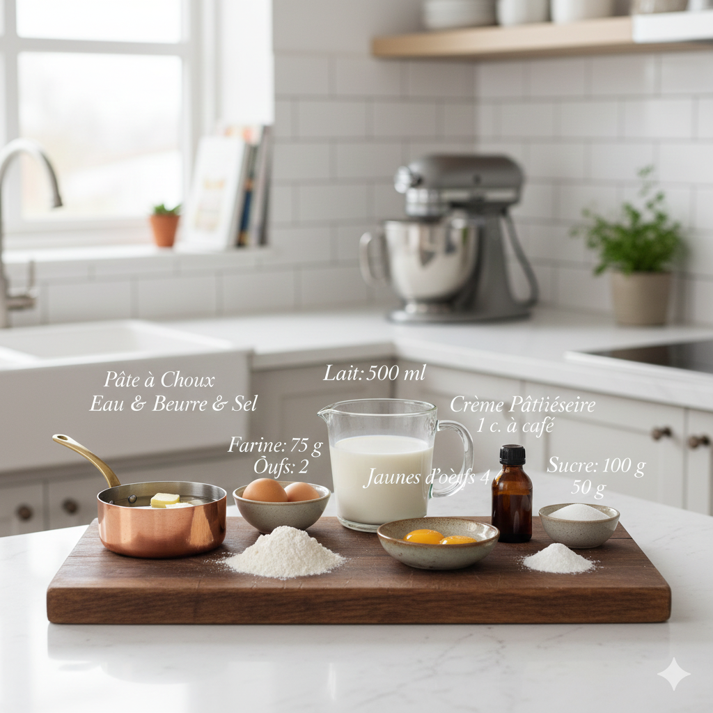 Choux à la crème pâtissière maison garnis de crème vanillée Chou à la crème pâtissière coupé montrant la garniture