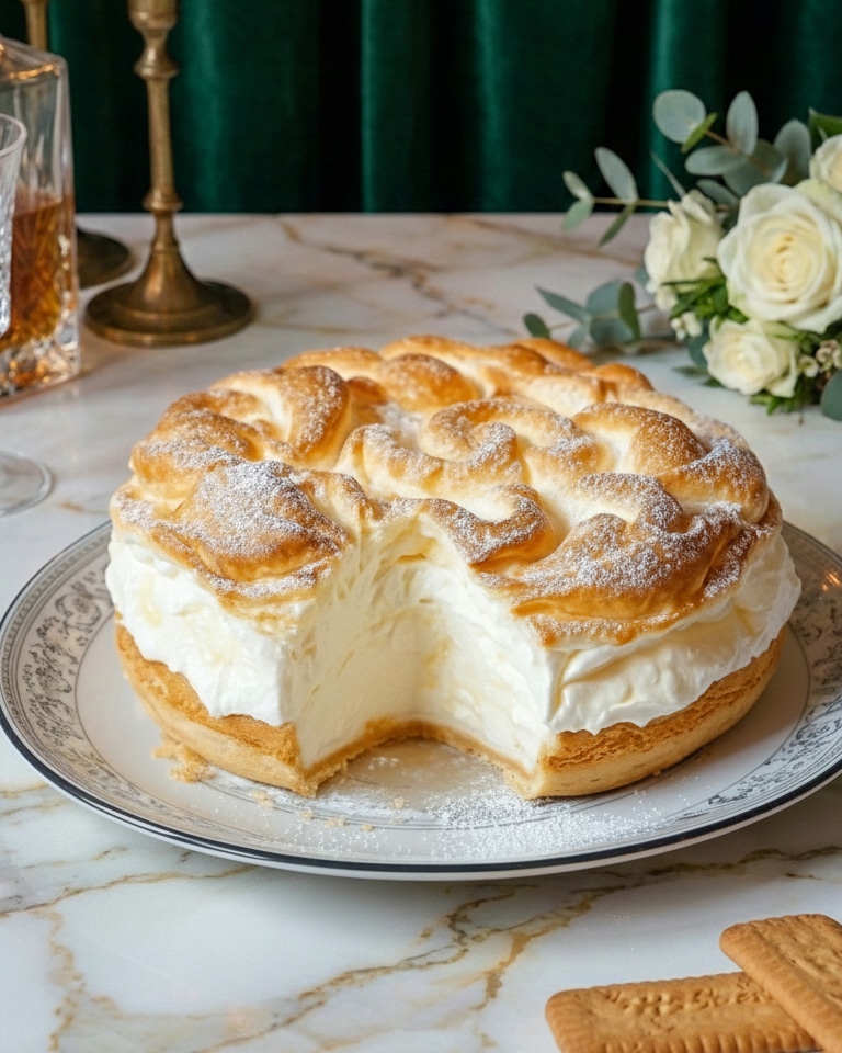 Gros plan sur une part de Gâteau Nuage montrant les alvéoles de la mousse vanille et le feuilletage craquant.