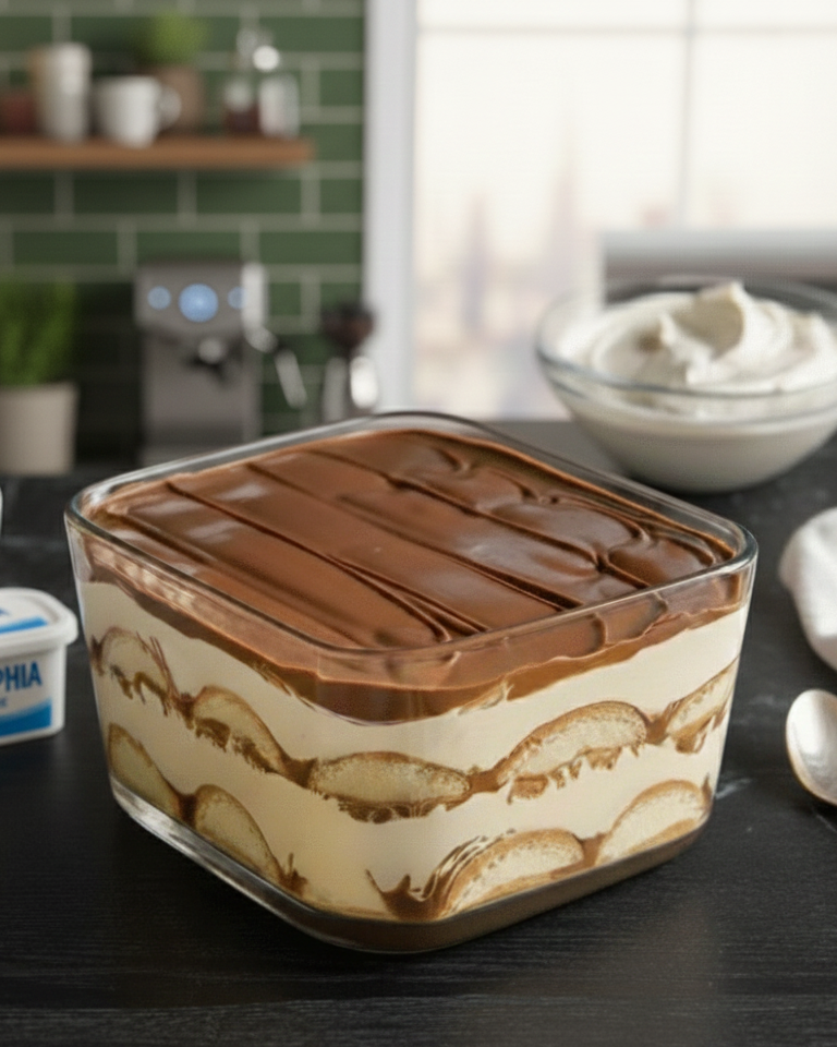 Tiramisu Nutella sans œufs crémeux dans un plat familial