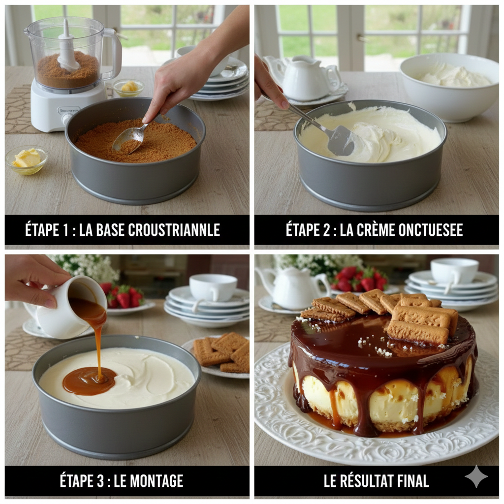 Une photo étape par étape montrant le processus de préparation de la base bicolore de la Tarte aux Speculoos, Crème Vanillée et Chocolat, avec des miettes de biscuits mélangées au beurre fondu dans un moule à charnière. Tarte aux Speculoos, Crème Vanillée et Chocolat