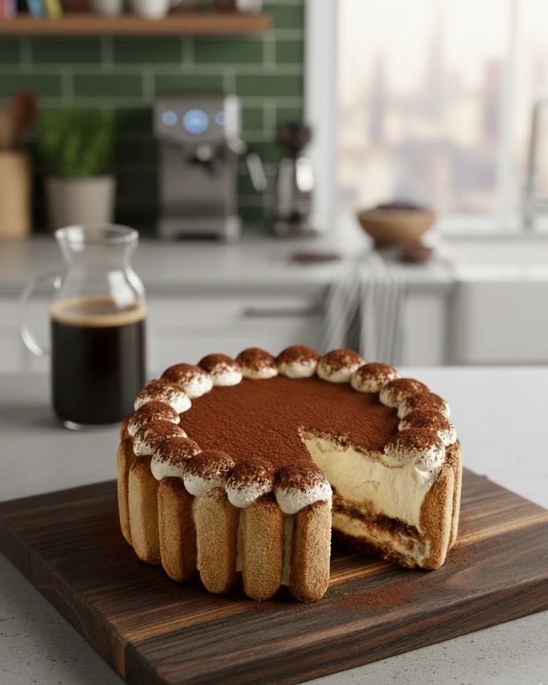 Montage d’une tarte tiramisu sans cuisson avec biscuits imbibés de café Montage de la Tarte Tiramisu Sans Cuisson