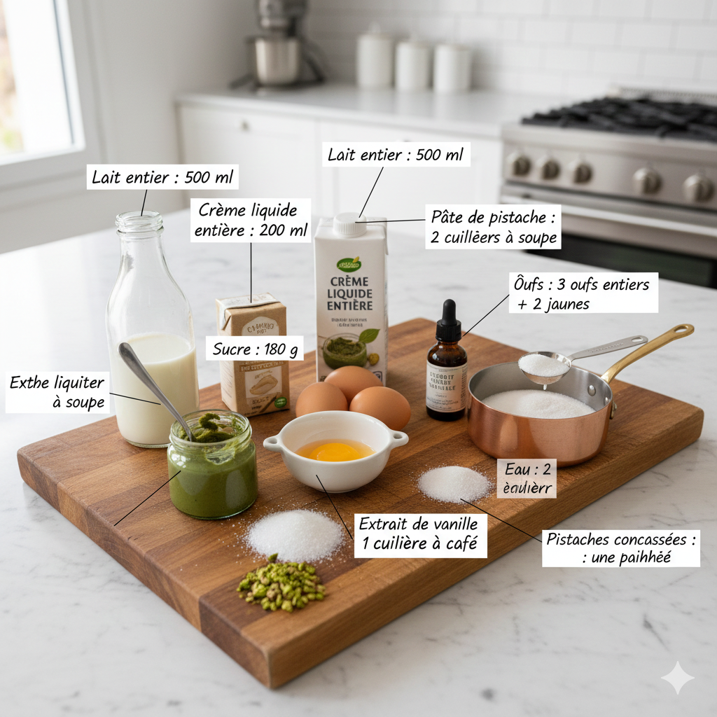 Flan à la pistache nappé de caramel brillant et décoré de pistaches grillées