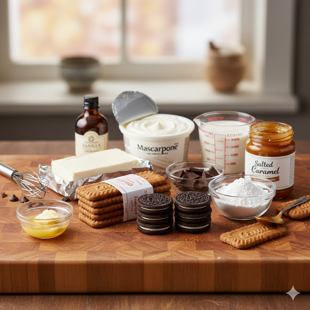 Gros plan sur l'étape de préparation de la crème vanillée, montrant un mélange onctueux de fromage frais, mascarpone, sucre glace, vanille et copeaux de chocolat noir dans un grand bol. Tarte aux Speculoos, Crème Vanillée et Chocolat