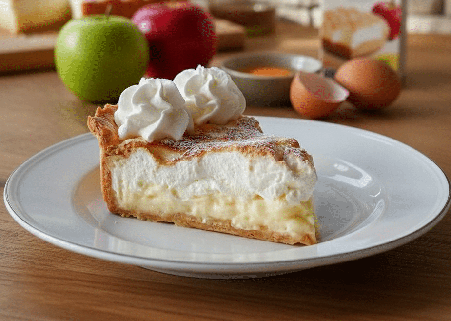 Tarte à la crème traditionnelle française avec une surface joliment dorée et une pâte sablée croustillante.