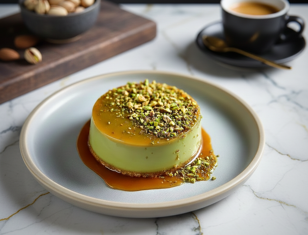 Part de flan pâtissier à la pistache montrant une texture crémeuse et fondante