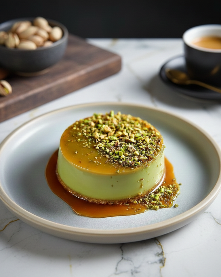 Flan pâtissier à la pistache crémeux sur pâte croustillante, décoré de pistaches concassées
