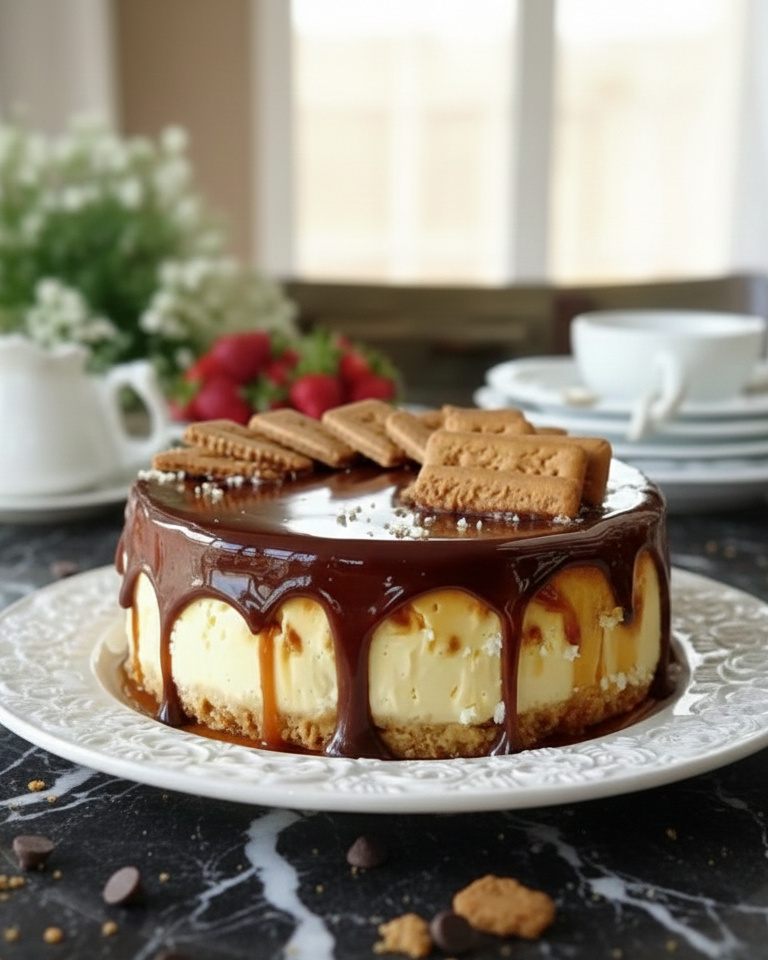Une image de tous les ingrédients nécessaires pour la Tarte aux Speculoos, Crème Vanillée et Chocolat, soigneusement disposés sur une surface claire. On y voit des paquets de Speculoos, des biscuits chocolatés, du beurre, des pots de fromage frais et de mascarpone, de la crème liquide, du chocolat noir et une bouteille d'extrait de vanille. Tarte aux Speculoos, Crème Vanillée et Chocolat