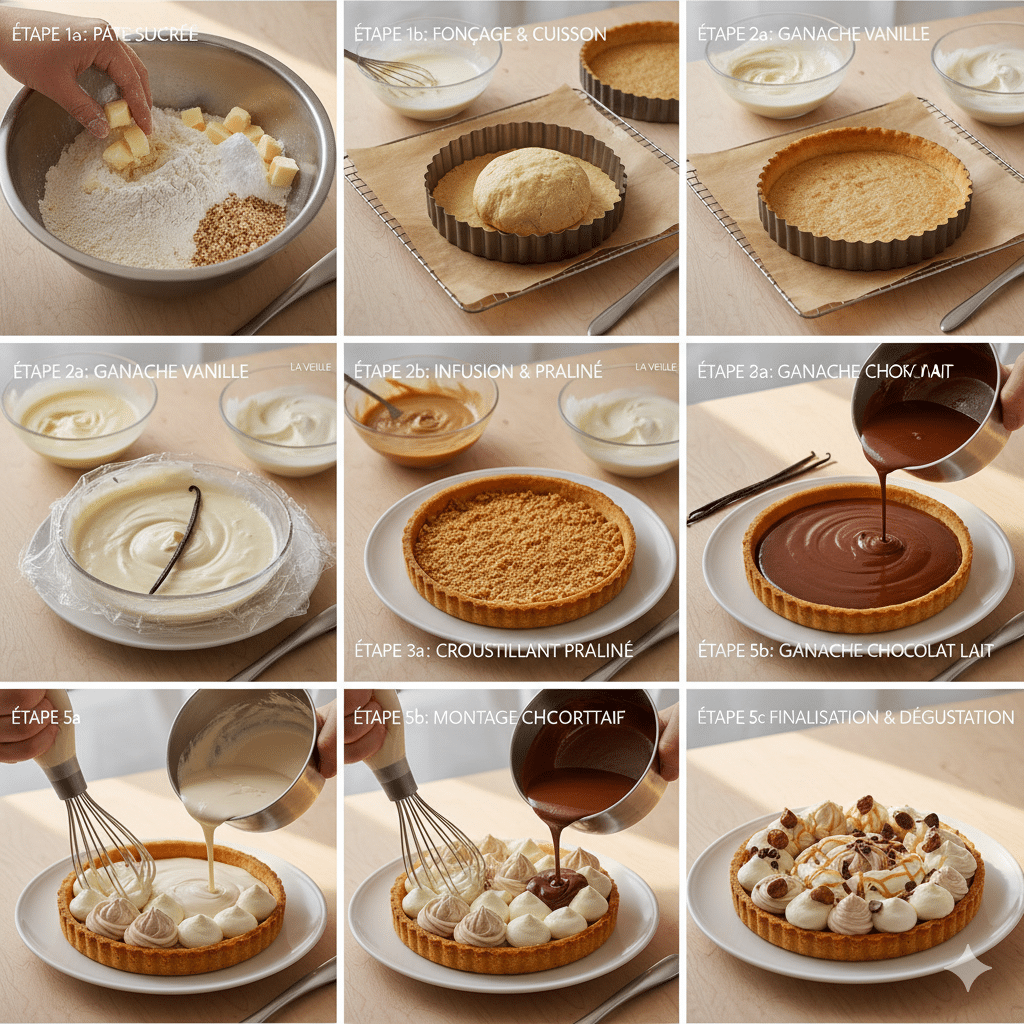 Tarte Vanille et Praliné Ganache montée vanille pochée sur tarte praliné