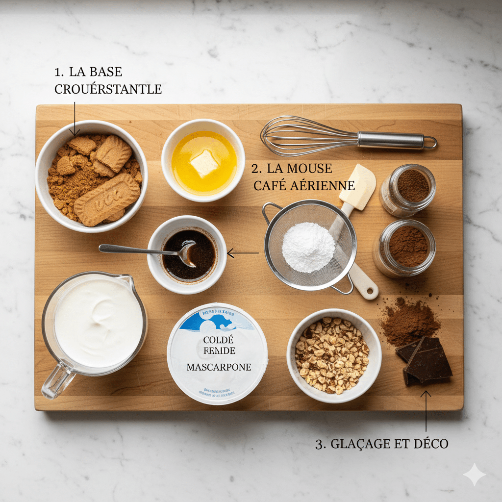 Tarte moka sans cuisson au café et mascarpone saupoudrée de cacao sur un plateau de présentation.