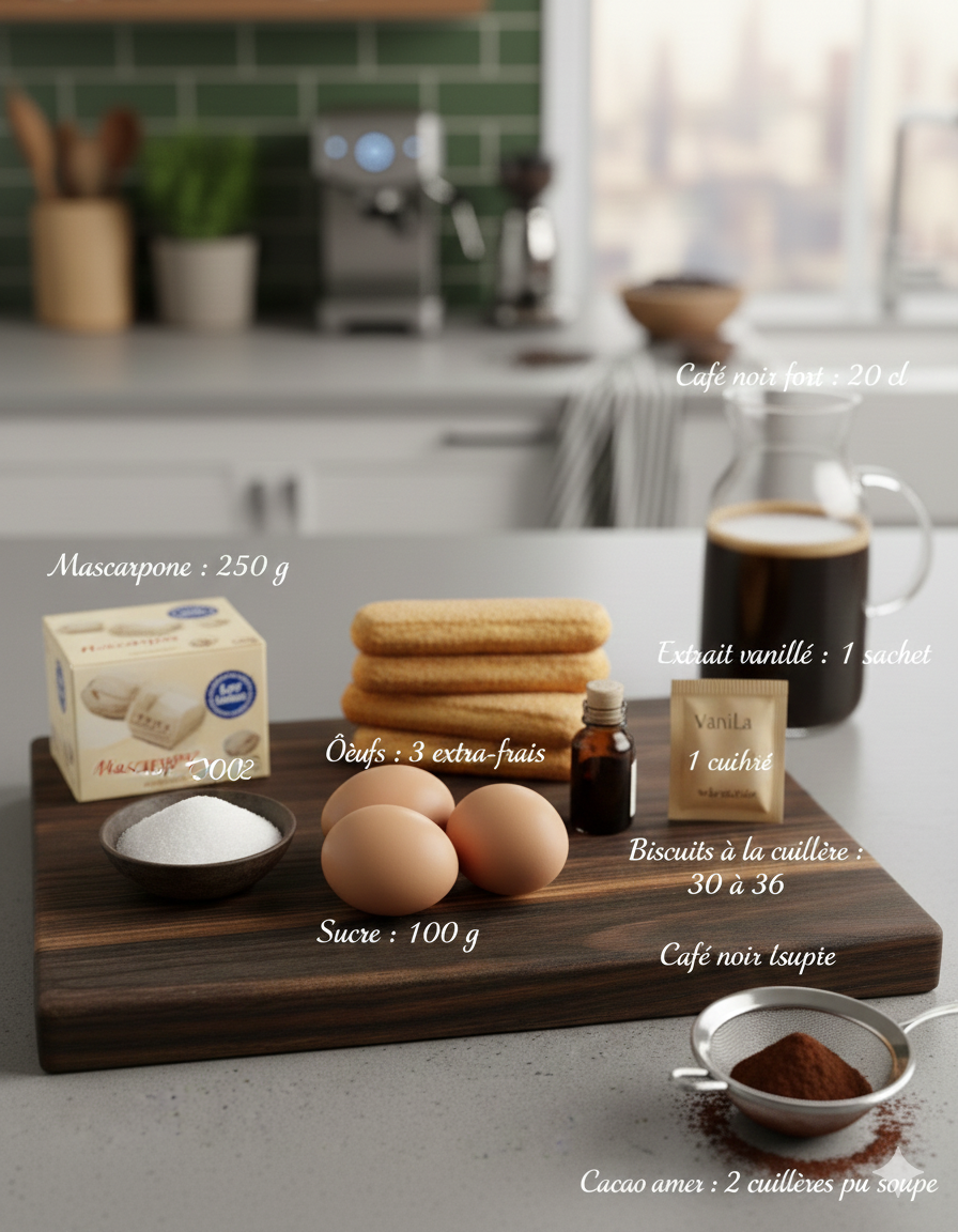 Tarte tiramisu sans cuisson saupoudrée de cacao amer sur plat de service