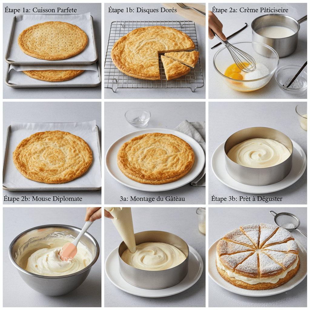 Gâteau Nuage Disques de pâte feuilletée piqués à la fourchette cuisant au four sous une grille pour rester plats.